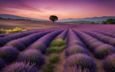 Rolling lavender fields at dusk, soft purple hues, peaceful, Provençal countryside charm