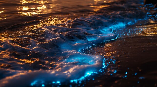 blue bioluminescent water waves at the beach. 