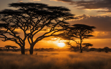 Serengeti sunset, acacia trees silhouetted, wild safari landscape, calm, dusky sky