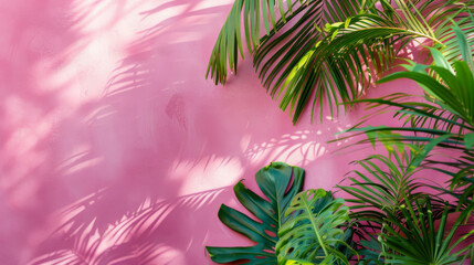 A vibrant pink wall with lush green palm leaves in the foreground,