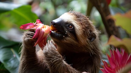 Fototapeta premium Sloth Enjoying a Flower Snack in the Jungle