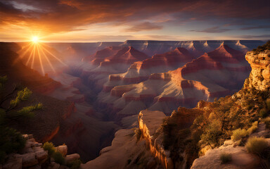 Sunrise over Grand Canyon, golden light illuminating vast gorges, majestic and serene