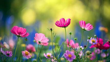 Vibrant Cosmos Flowers Blooming in Sunlit Garden for Spring and Summer Landscapes