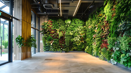 Fototapeta na wymiar Modern office lobby with lush vertical garden and natural lighting.