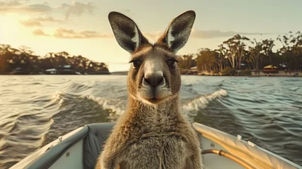 Rolgordijnen Portrait of a kangaroo on a speedboat, realistic , cinematic style. © SalineeChot