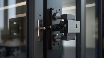 Detailed view of an inspired and innovative door latch system, including cylinder locks that merge security with modern design