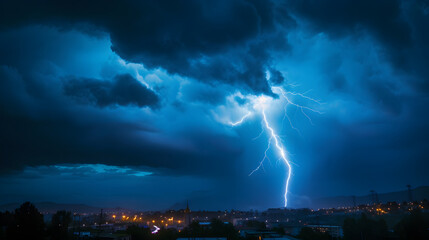 Naklejka na ściany i meble Intense Lightning Strike over Nighttime Cityscape