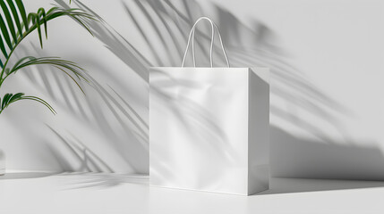 Minimalistic White Paper Shopping Bag with Plant Shadow Pattern
