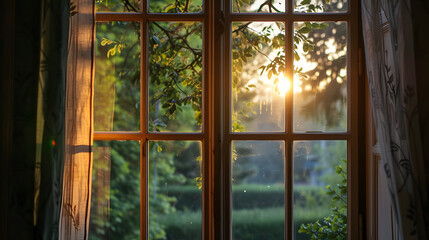 Sunset View Through a Cozy Window with Curtains