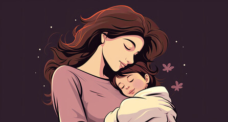 Side angle shot of a mother carrying her sleeping child, cute, simple 2d style pastel colors