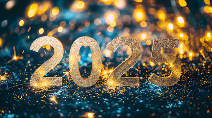 Golden Glitter 2025 Numbers with Sparkles and Bokeh Lights Background - obrazy, fototapety, plakaty