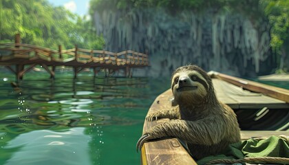 Sloth on a pontoon boat, realistic ,  cinematic style.