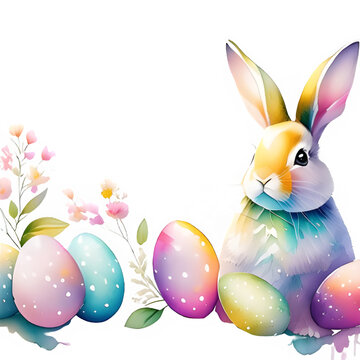 Watercolor Easter bunny with eggs Clipart ,