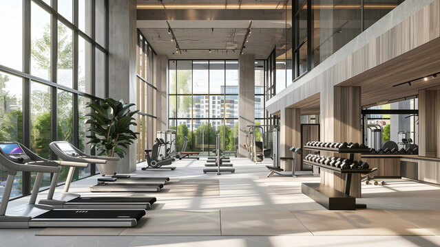 Spacious gym interior with large windows and a variety of equipment.