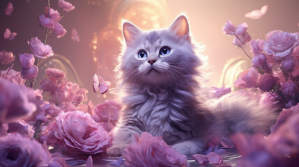 Fluffy Kitten Amidst Pink Roses and Butterflies