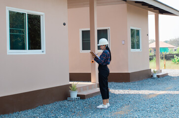 Asian house's construction inspector female in hard hat reviews architectural plans examining...