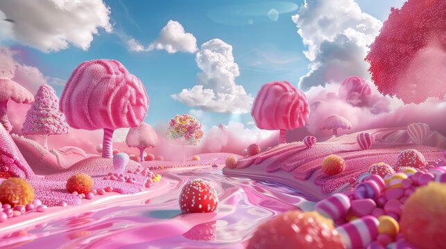 Fantasy colorful pink candy land. Dreams about sweet land