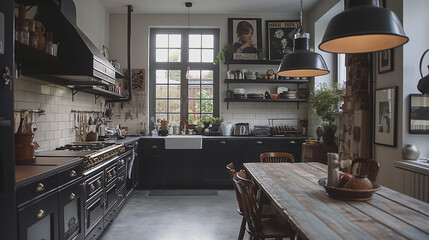 Draw an industrial-style kitchen with iron pendant lights and black and white photos hanging on the walls. - obrazy, fototapety, plakaty