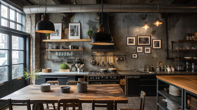 Draw an industrial-style kitchen with iron pendant lights and black and white photos hanging on the walls.