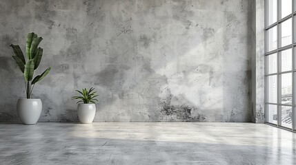 A minimalist room interior with an industrial loft cement wall backdrop, highlighting the beauty of simplicity in product display spaces - obrazy, fototapety, plakaty