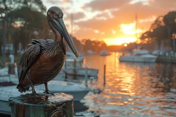 A close up of a pelican perched on a post with a blurred background - obrazy, fototapety, plakaty