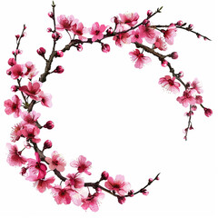 Obraz na płótnie Canvas Flowers, buds and petals of sakura. Watercolor style spring round border frame with branches blossoming cherry. Generative ai.
