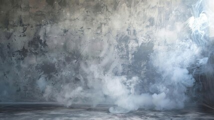 A room interior with a concrete wall backdrop, smoke adding texture and depth, perfect for displaying products in a creative studio environment