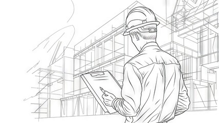 Horizontal AI illustration line drawing of an engineer reviewing plans. Architecture and buildings.