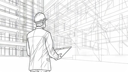 Horizontal AI illustration line drawing of an engineer holding blueprints at an construction site.