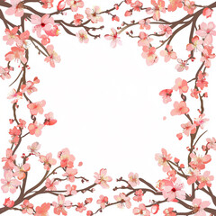 Fototapeta premium Flowers, buds and petals of sakura. Watercolor style spring square border frame with branches blossoming cherry. Generative ai.
