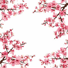 Fototapeta premium Flowers, buds and petals of sakura. Watercolor style spring square border frame with branches blossoming cherry. Generative ai.