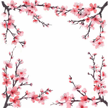 Flowers, buds and petals of sakura. Watercolor style spring square border frame with branches blossoming cherry. Generative ai.