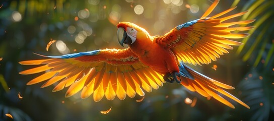 A vibrant electric blue parrot is soaring through the air, displaying its colorful wings in a beautiful macro photography shot in the wildlife event