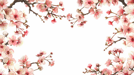 Flowers, buds and petals of sakura. Watercolor style spring square border frame with branches blossoming cherry. Generative ai.