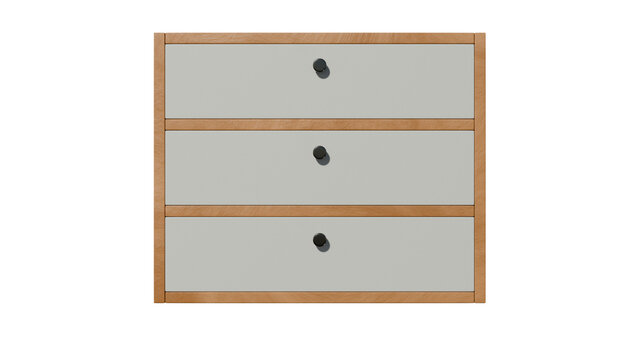 a white and wood chest of drawers with three drawers