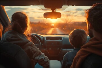 Happy family on a road trip in their car, rear passenger sunset.