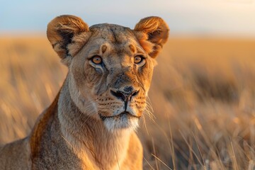 a lioness on patrol in dry grass 