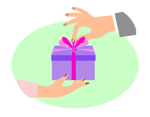 A man's hand gives a gift to a woman's hand in an oval frame. Theme of holiday, gifts, birthday. Minimalist style image. Drawing in flat style.  Vector illustration