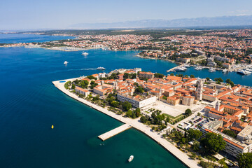 Naklejka na ściany i meble Zadar, Croatia: Dramatic aerial view of the Zadar medieval old town by the Adriatic sea in Croatia coastline