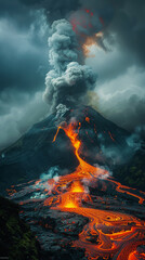 Volcano, smoky clouds, fiery eruption, molten lava flows down the mountainside Natures fury on display