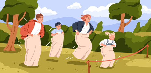 Family in sack race, fun competition outdoors. Happy children, parents jumping, bouncing inside burlap bags. Excited adults and kids, joyful funny summer leisure, activity. Flat vector illustration - 779500154