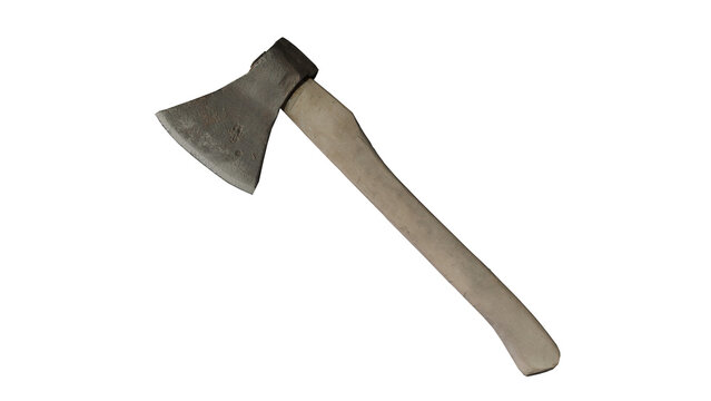 a large axe with a wooden handle on a white background