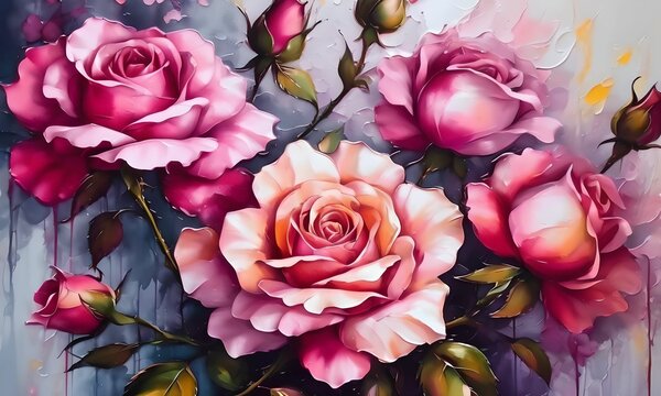 wallpaper representing roses painted with oil paint