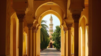 Obraz premium View of minaret through arches of Mosque