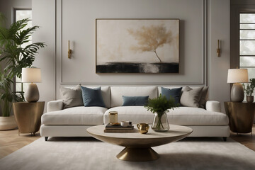 Zeitgenössisches Wohnzimmerdesign mit weißem Sofa, blauen Akzentkissen und markanter Wandkunst - obrazy, fototapety, plakaty