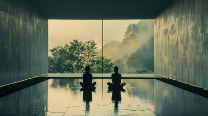 a couple doing meditation in a modern future zen vibe