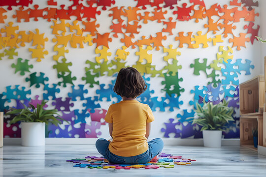 World autism awareness day image of a faceless child sitting alone in a white room surrounded by colorful puzzles.