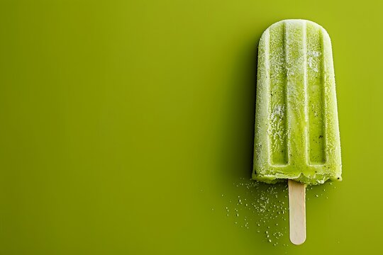 delicious green popsicle ice-cream isolated on a green background. kiwi lime flavor. tasty fresh summer banner, stylish copy space card