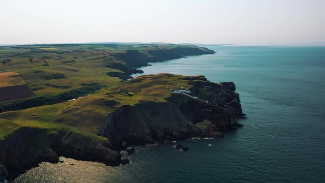 Natural Beauty of Scotland. Aerial over Scottish Seafront: St Abbs Head&rsquo;s Rugged Cliffs on North Sea. Scotland, United Kingdom