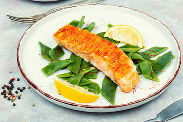 Grilled salmon with vegetable garnish.
